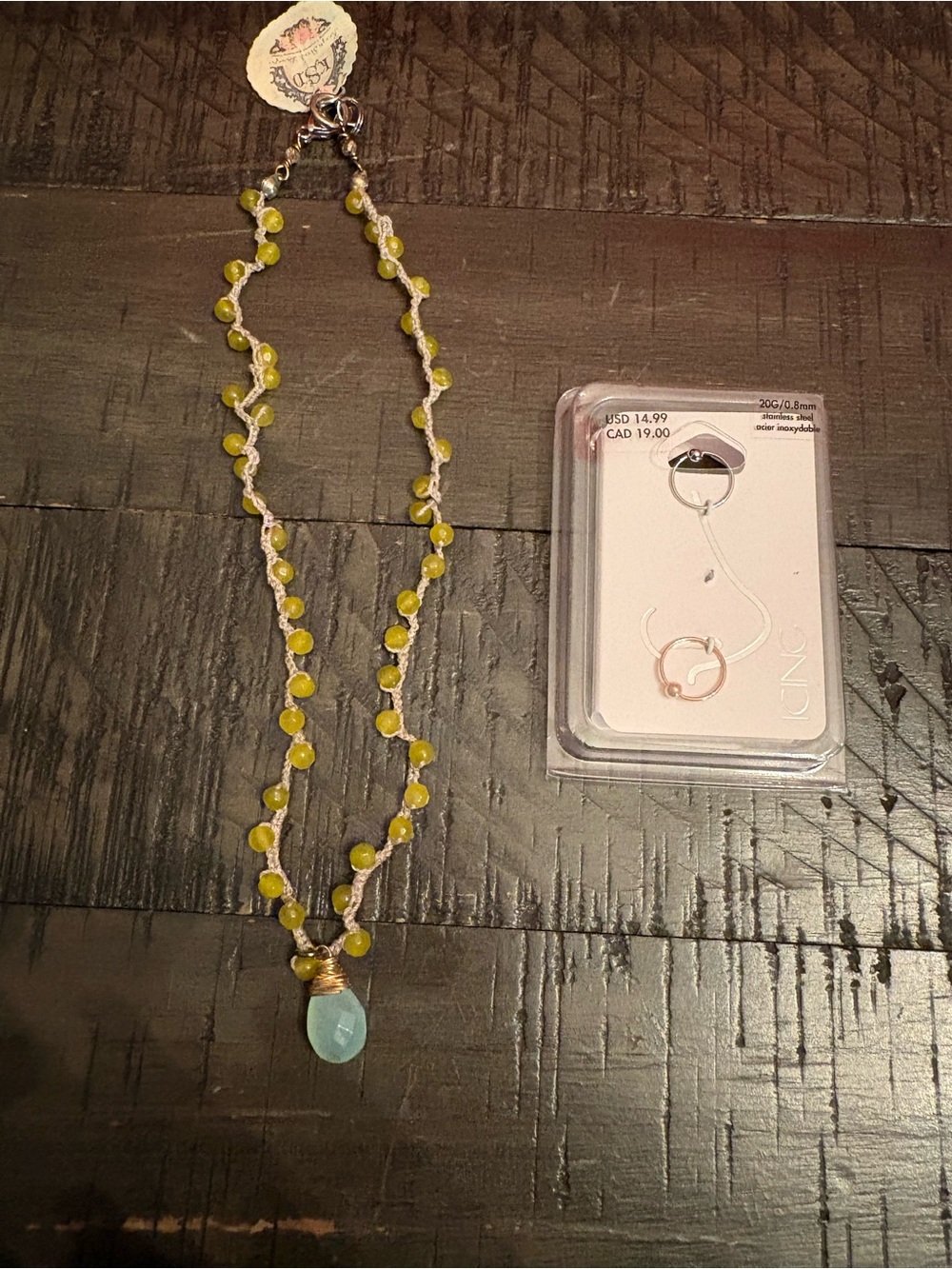Beaded Yellow Agate Necklace with Aqua Pendant and Set of Nose Hoops Rings